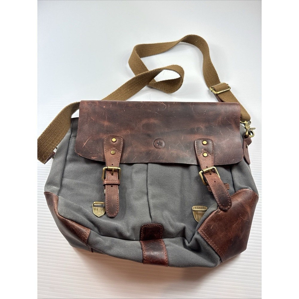 Aaron Leather Goods Messenger Bag Gray Canvas Brown Leather Briefcase